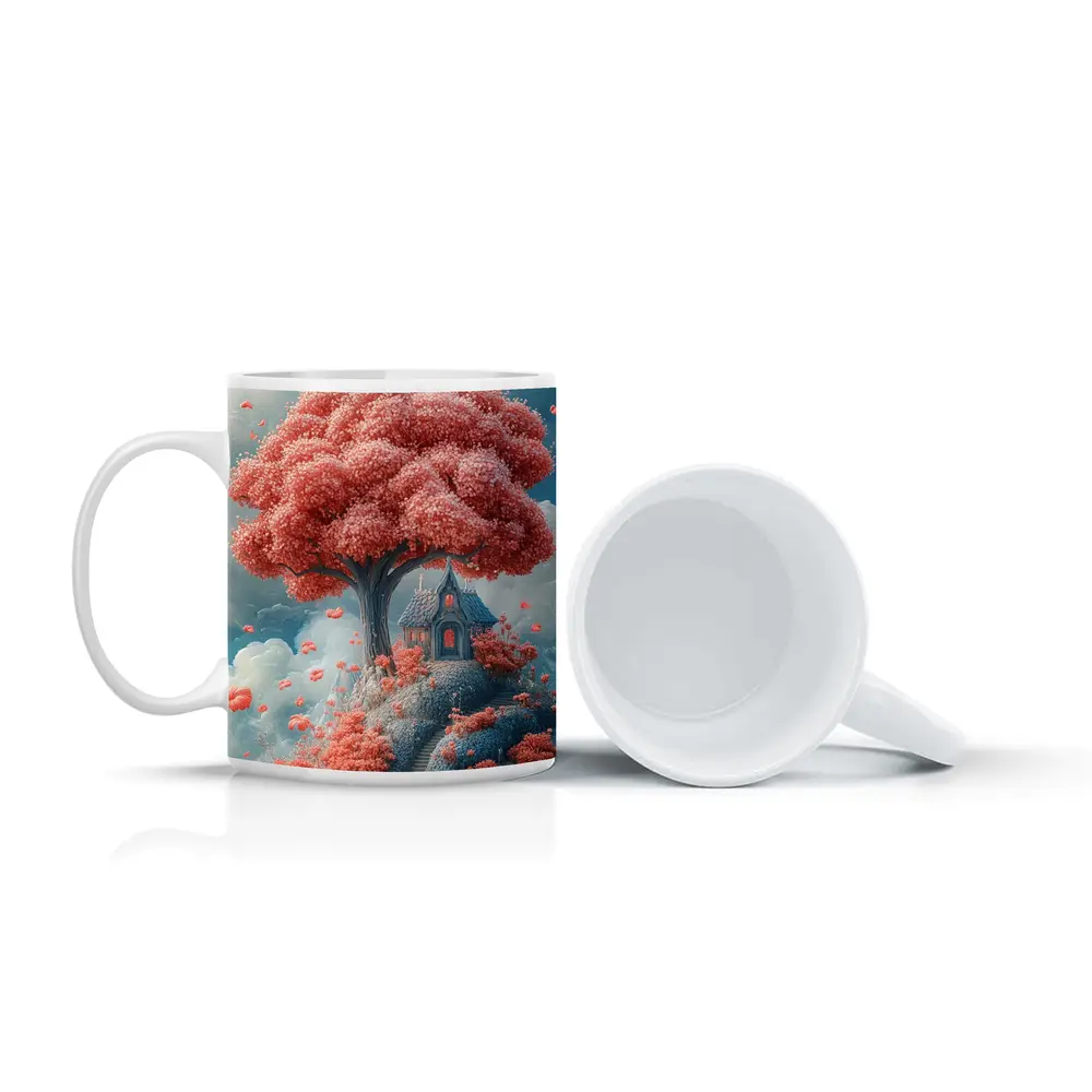 Fantasy Cottage Under Pink Blossom Tree – Mugs
