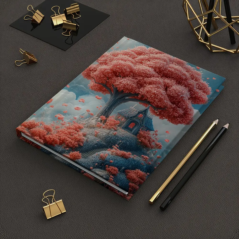 Fantasy Cottage Under Pink Blossom Tree – Notebooks