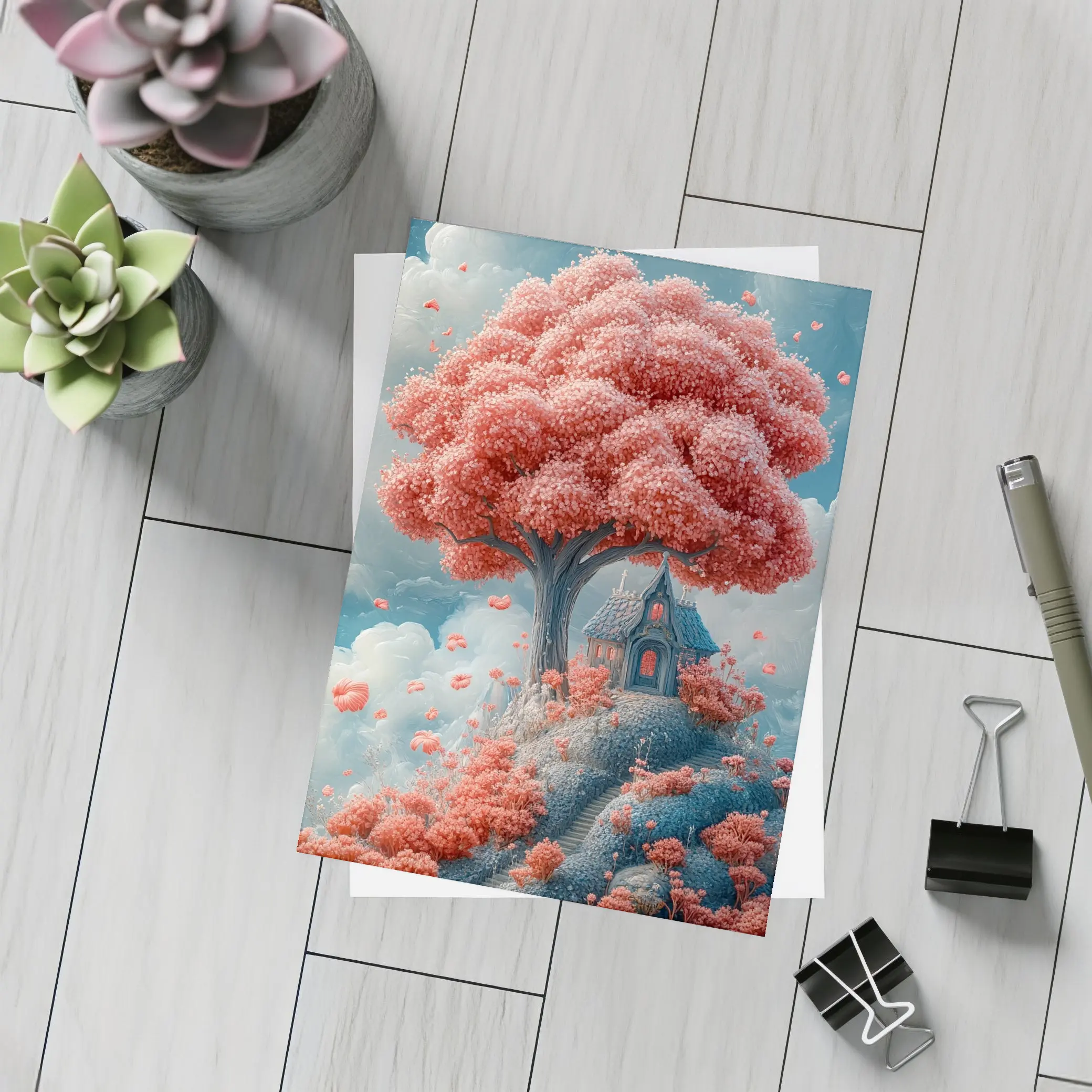 Fantasy Cottage Under Pink Blossom Tree – Postcards