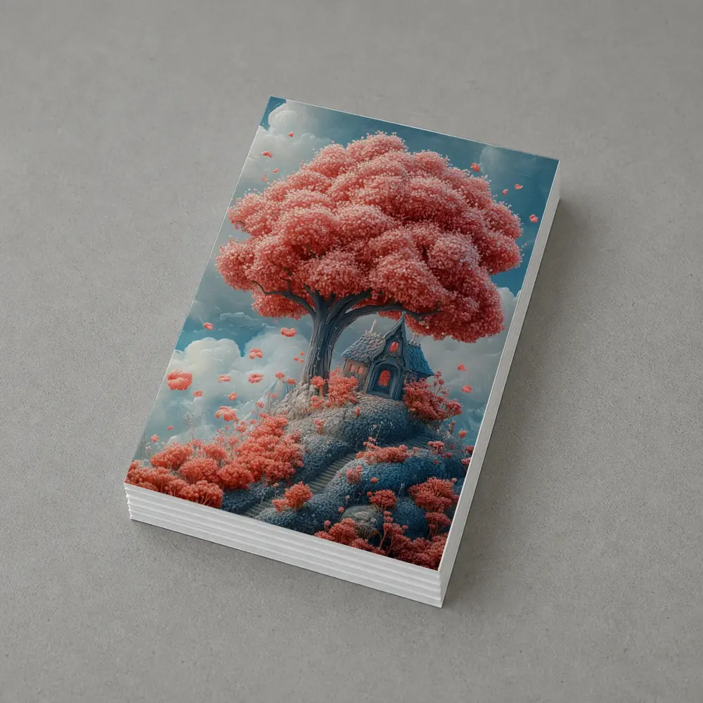 Fantasy Cottage Under Pink Blossom Tree – Postcards