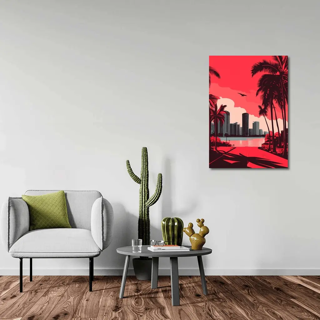 Miami Skyline Red Palm Trees City Art – Wall Art