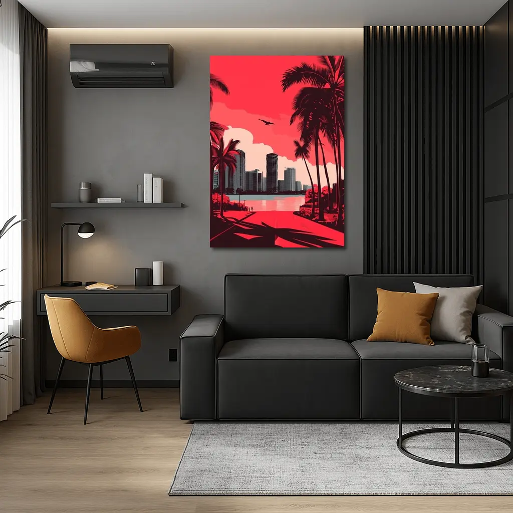 Miami Skyline Red Palm Trees City Art – Wall Art
