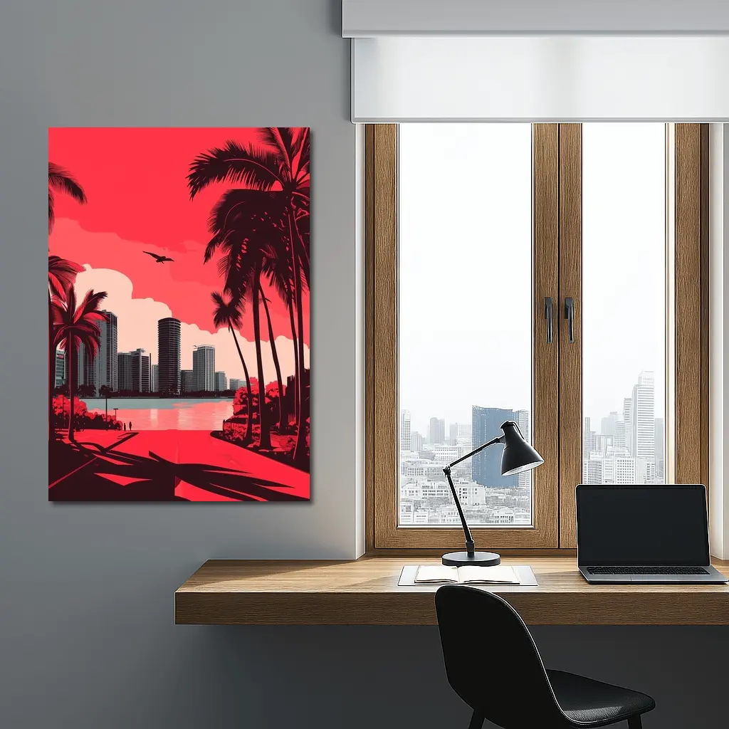 Miami Skyline Red Palm Trees City Art – Wall Art