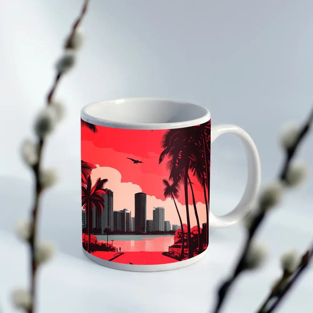 Miami Skyline Red Palm Trees City Art – Mugs