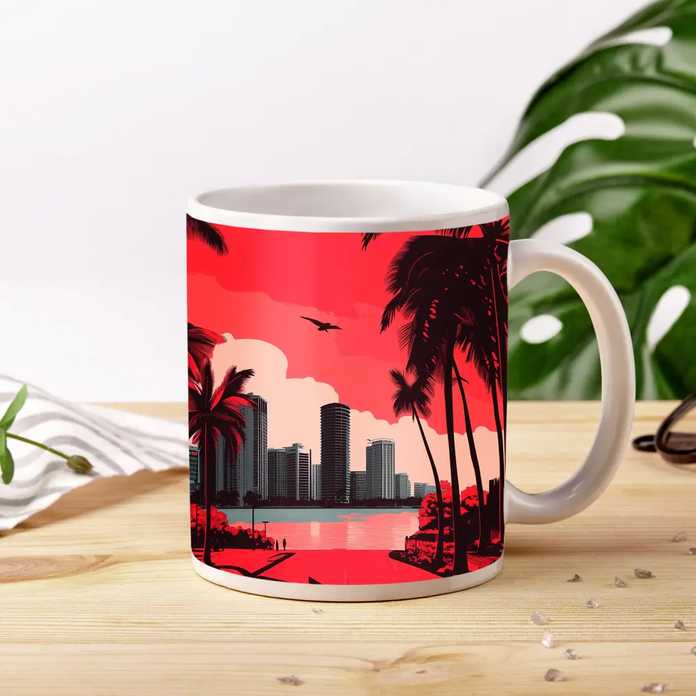 Miami Skyline Red Palm Trees City Art – Mugs