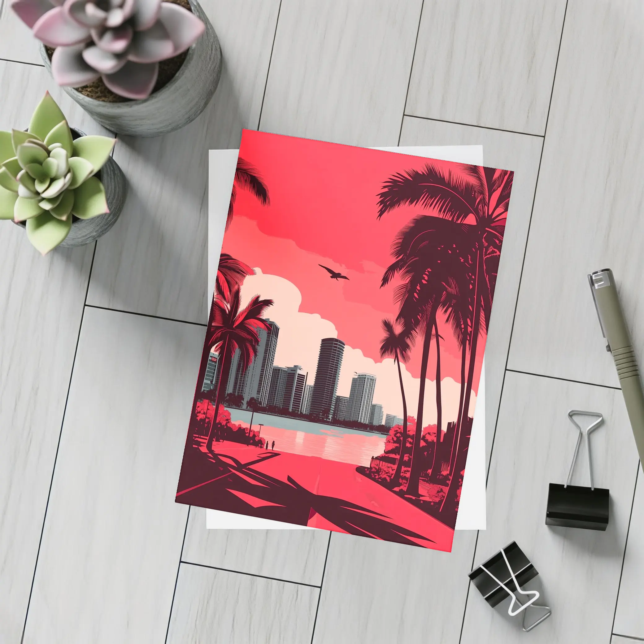 Miami Skyline Red Palm Trees City Art – Postcards
