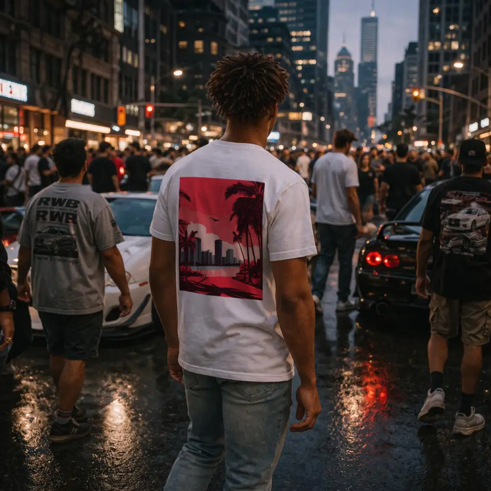 Miami Skyline Red Palm Trees City Art – T-Shirts
