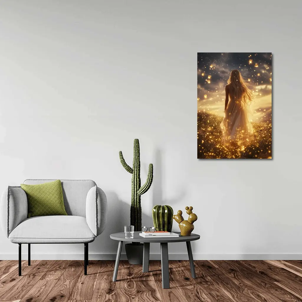 Woman Golden Lanterns Fantasy Night Sky – Wall Art