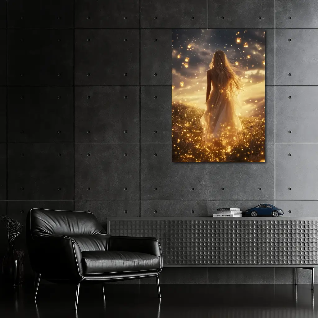 Woman Golden Lanterns Fantasy Night Sky – Wall Art