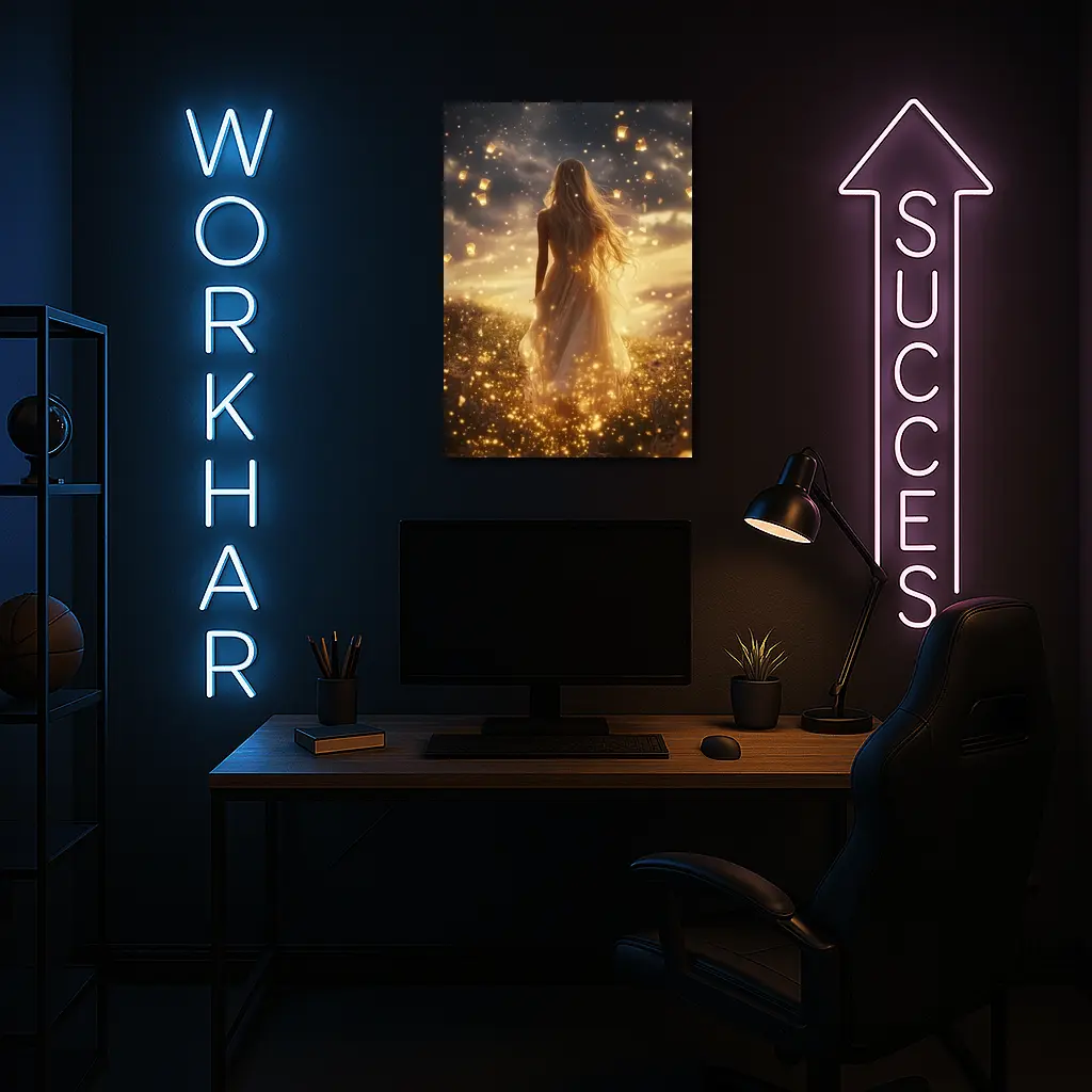 Woman Golden Lanterns Fantasy Night Sky – Wall Art