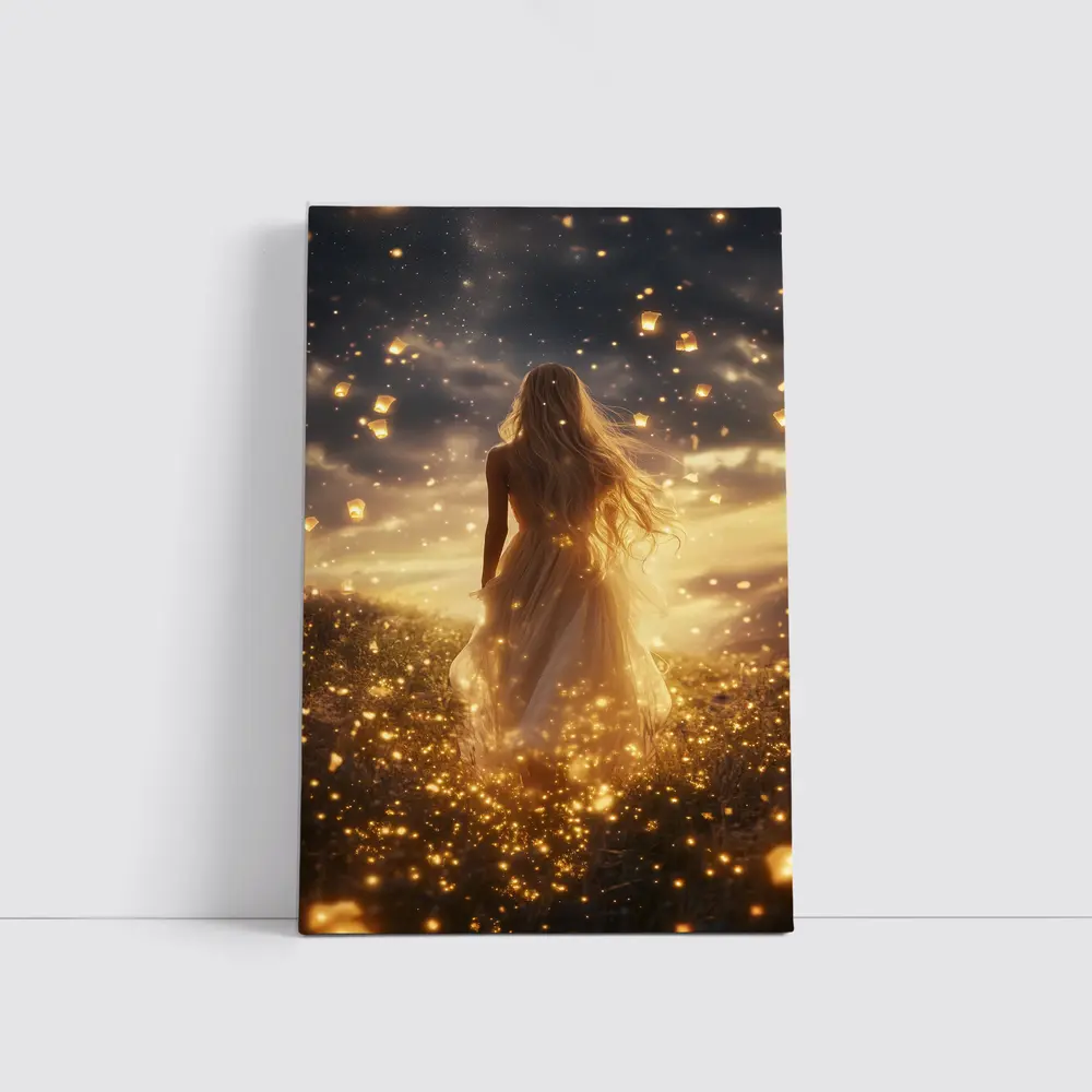 Woman Golden Lanterns Fantasy Night Sky – Wall Art