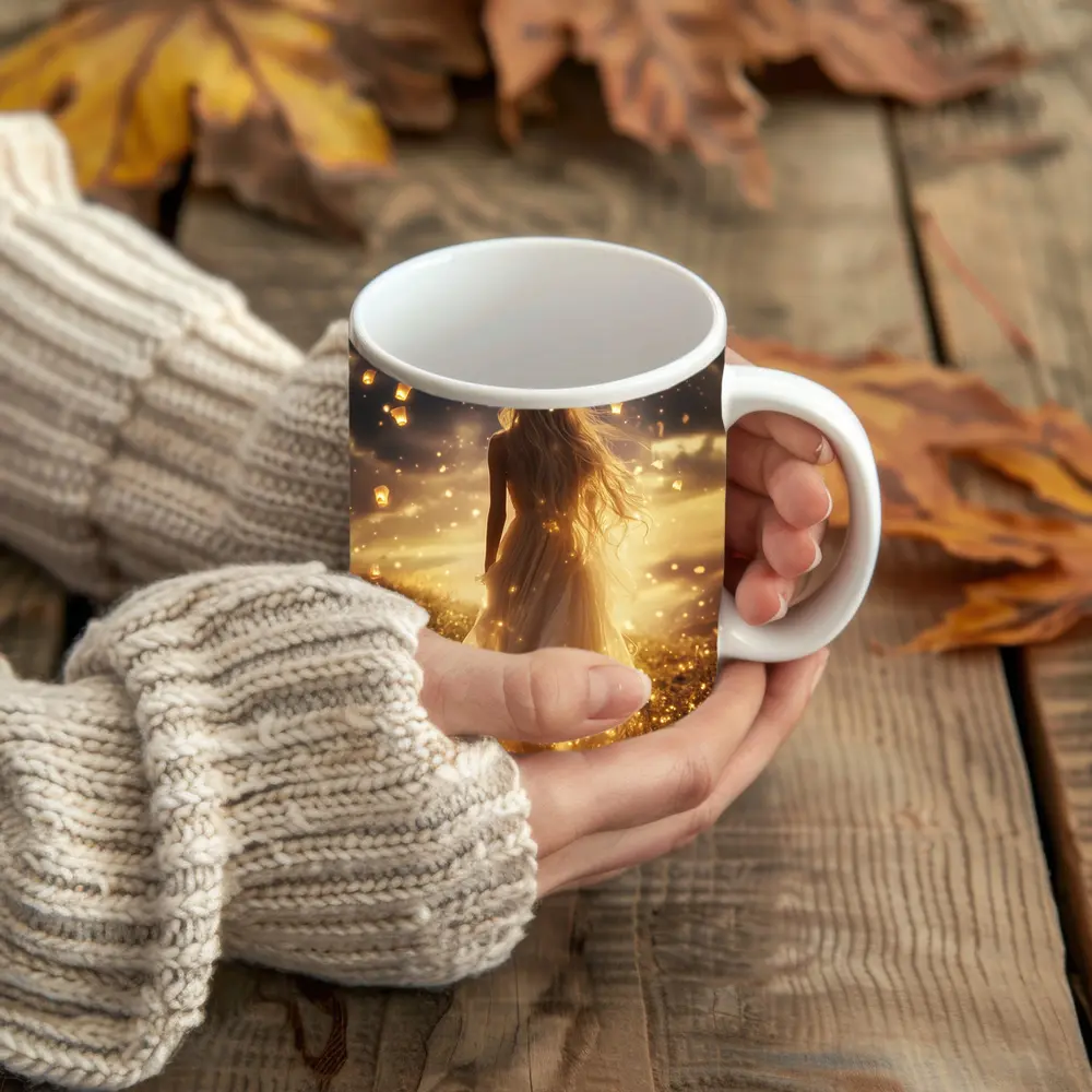 Woman Golden Lanterns Fantasy Night Sky – Mugs
