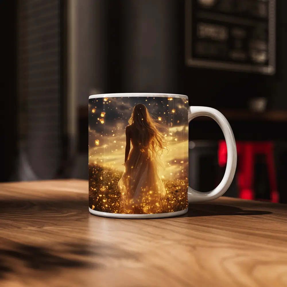 Woman Golden Lanterns Fantasy Night Sky – Mugs