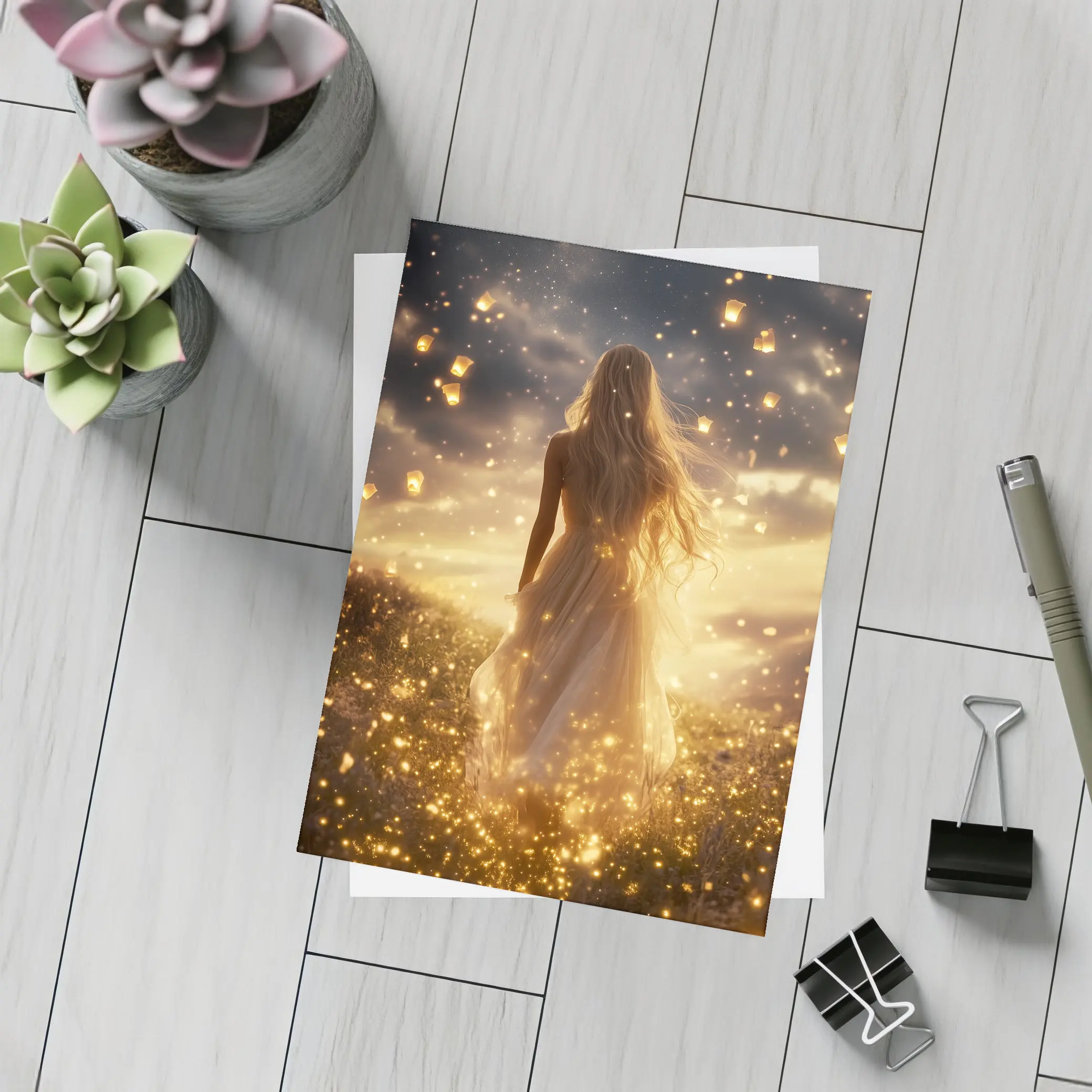 Woman Golden Lanterns Fantasy Night Sky – Postcards