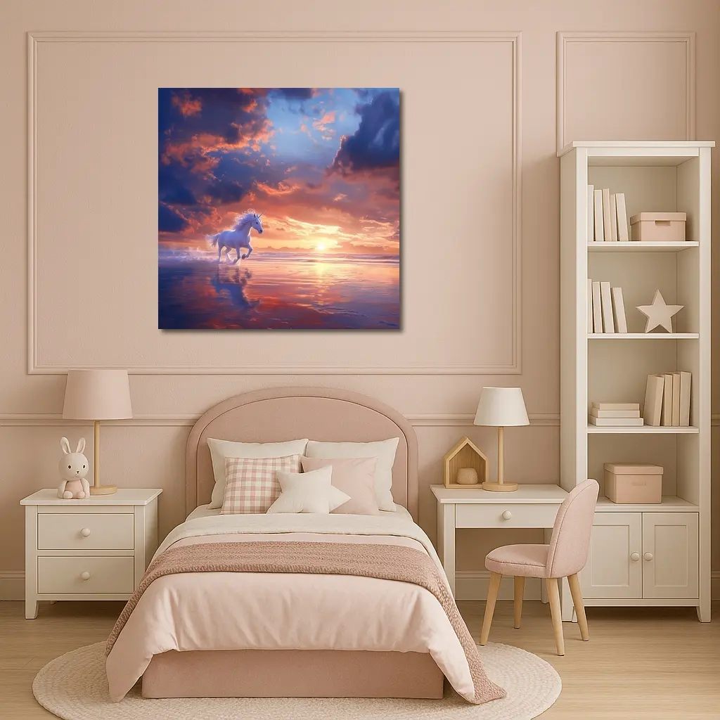 White Unicorn Running On Sunset Beach – Wall Art