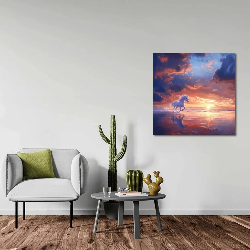White Unicorn Running On Sunset Beach – Wall Art