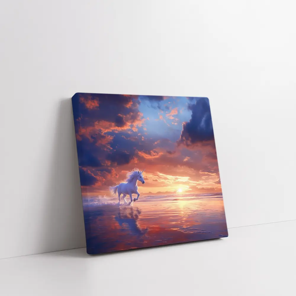 White Unicorn Running On Sunset Beach – Wall Art