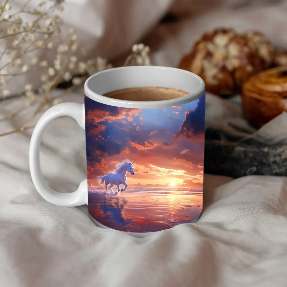 White Unicorn Running On Sunset Beach – Mugs