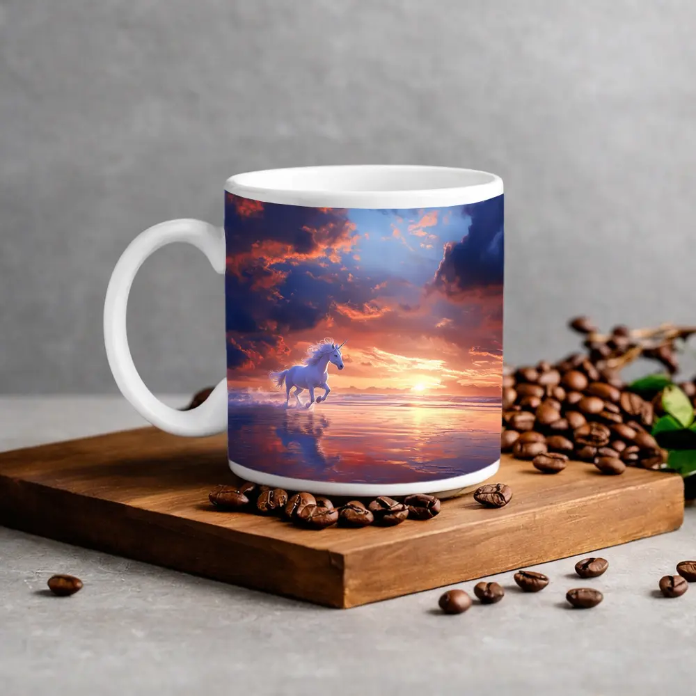 White Unicorn Running On Sunset Beach – Mugs