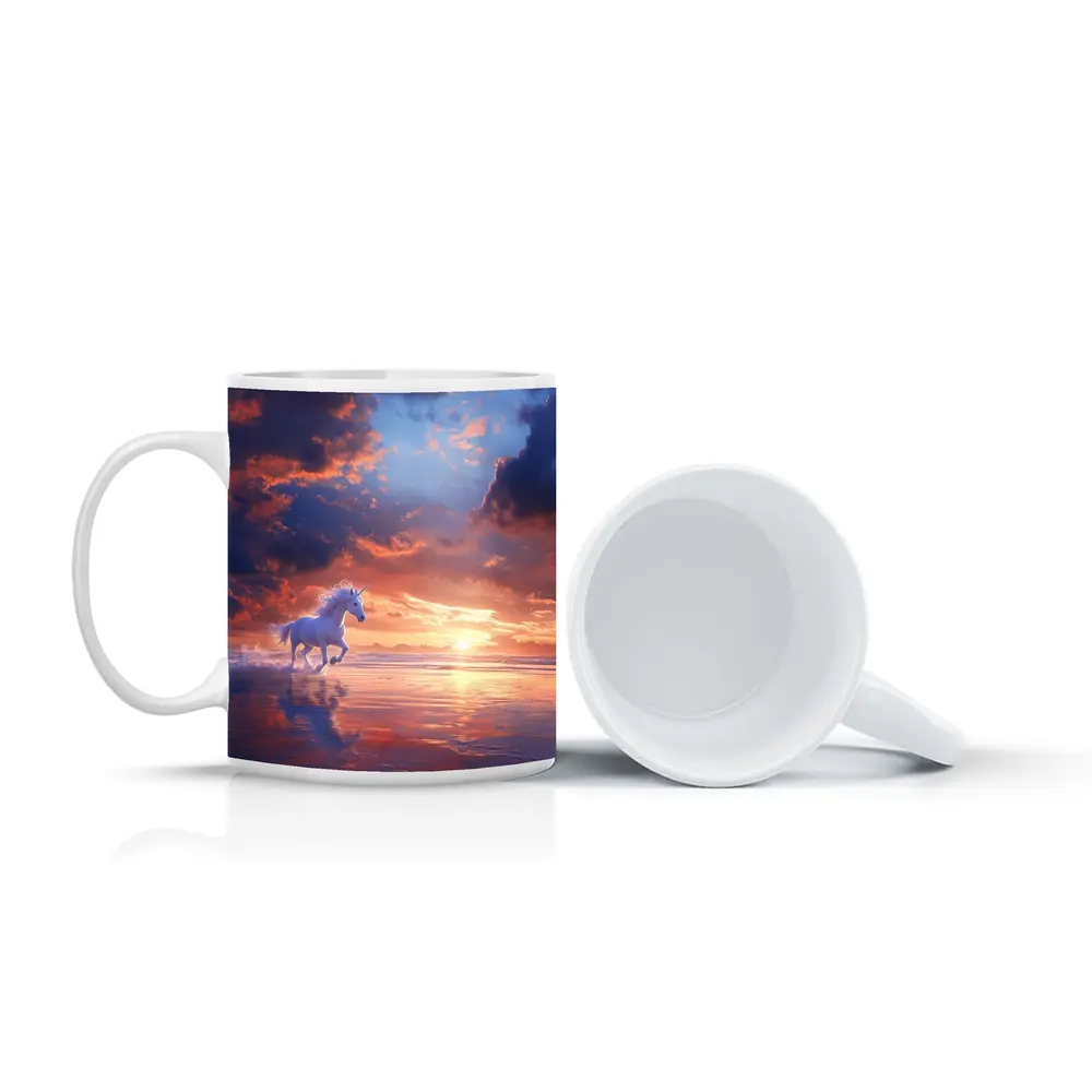 White Unicorn Running On Sunset Beach – Mugs