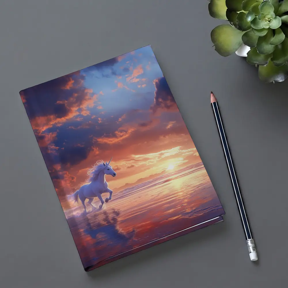 White Unicorn Running On Sunset Beach – Notebooks