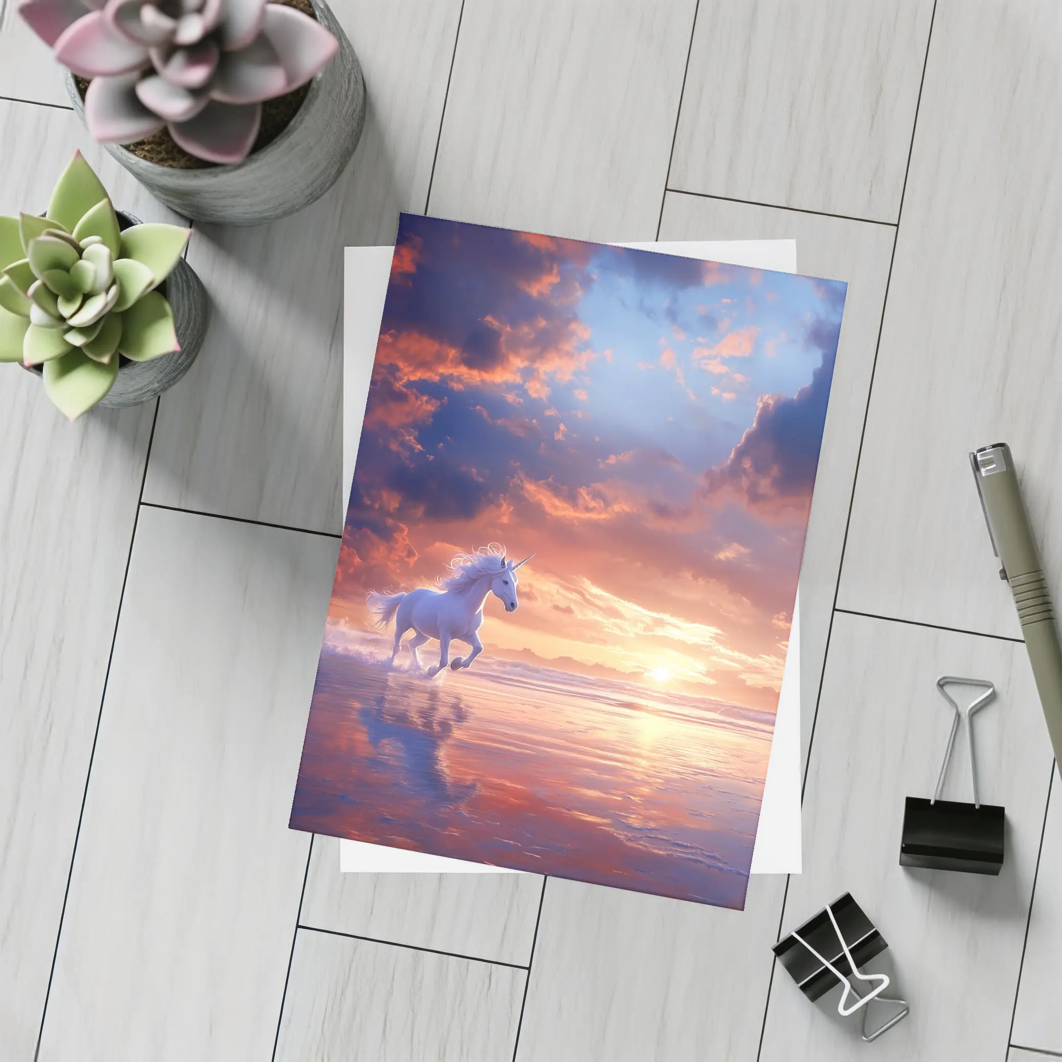 White Unicorn Running On Sunset Beach – Postcards