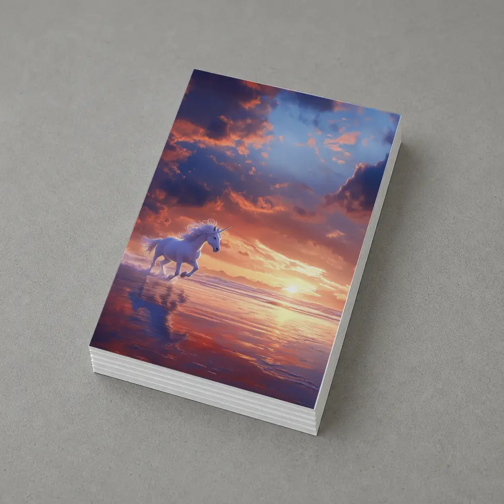 White Unicorn Running On Sunset Beach – Postcards