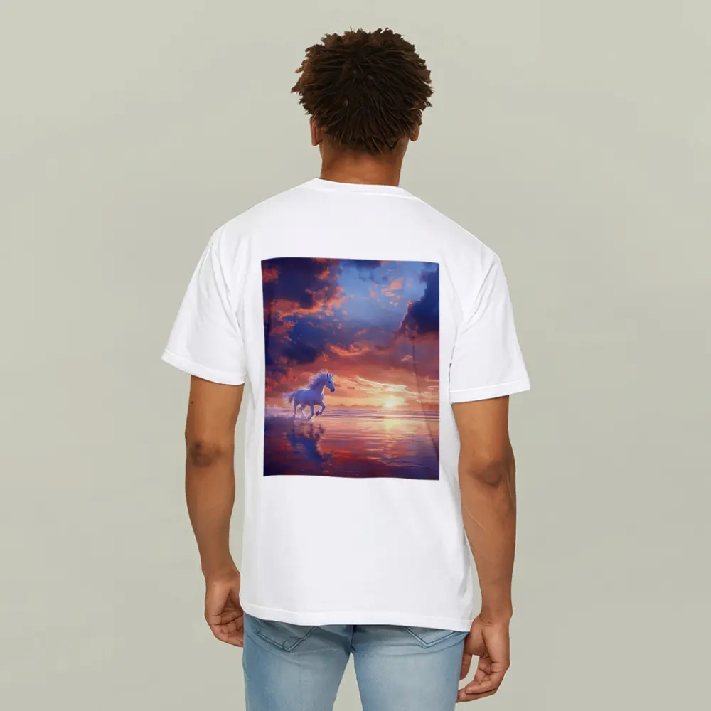 White Unicorn Running On Sunset Beach – T-Shirts