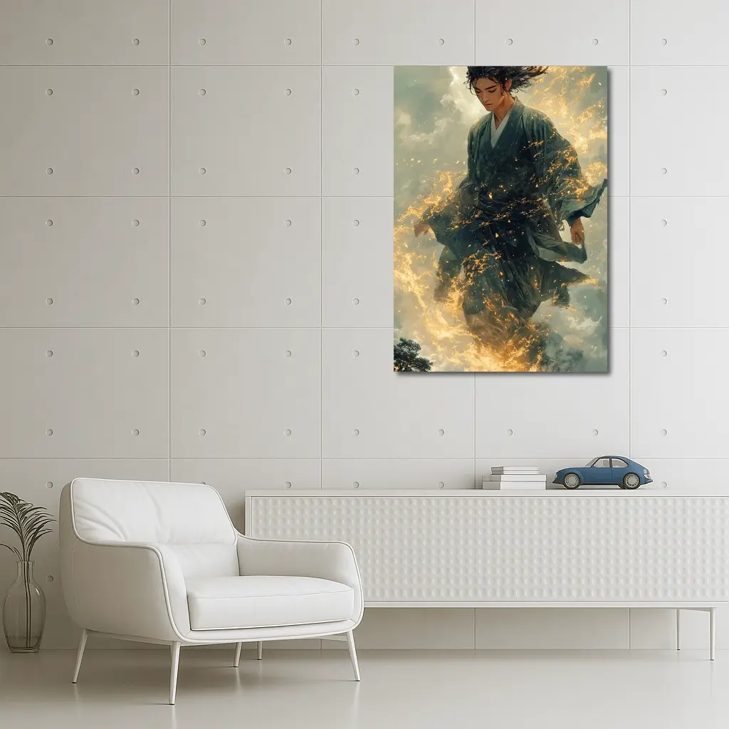 Samurai Warrior Rising in Golden Flames – Wall Art
