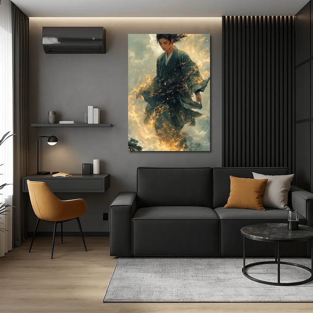 Samurai Warrior Rising in Golden Flames – Wall Art