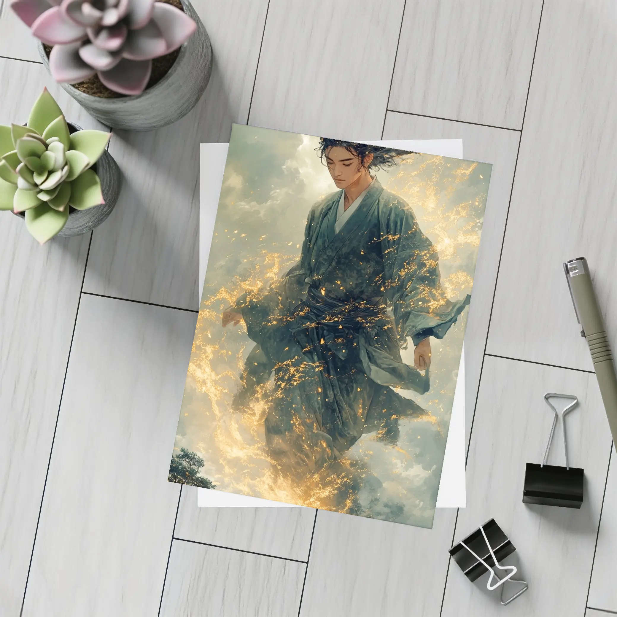 Samurai Warrior Rising in Golden Flames – Postcards