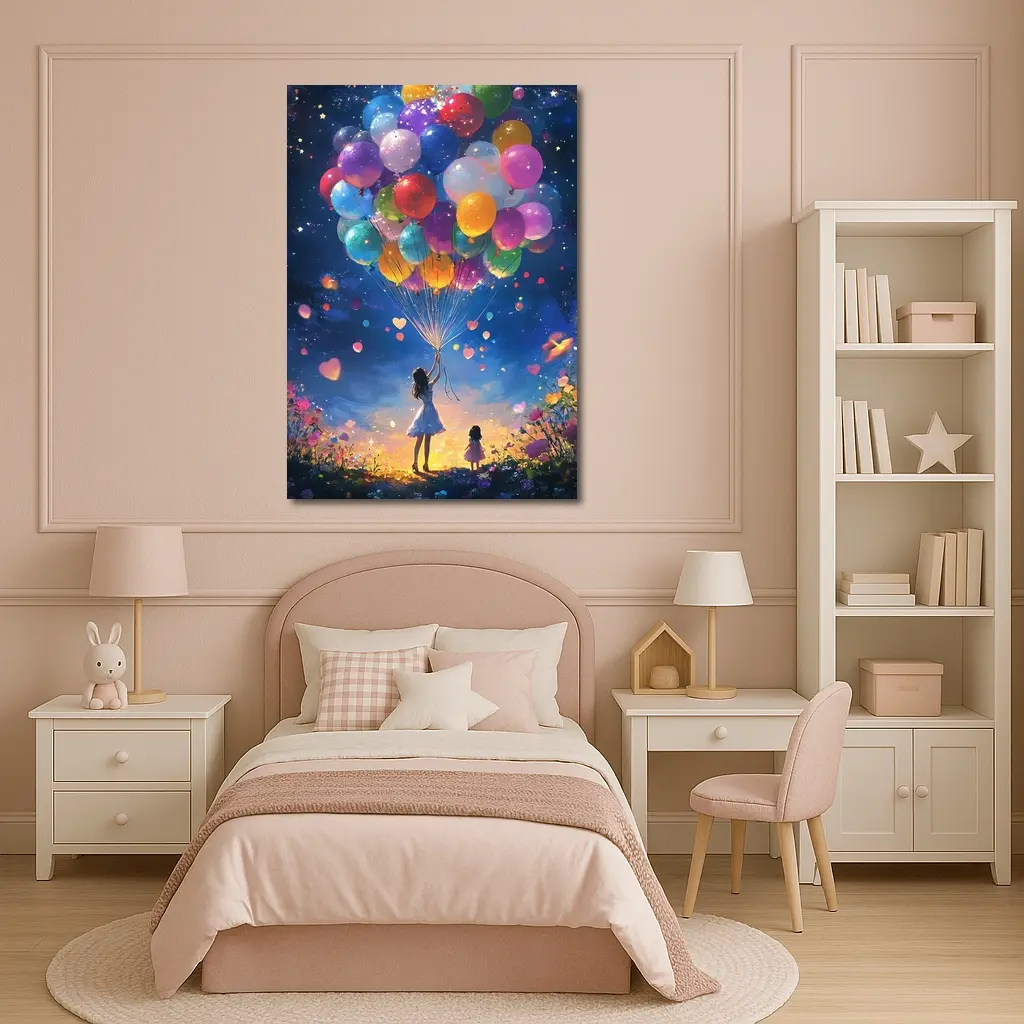 Girl With Colorful Balloons Starry Night Fantasy – Wall Art