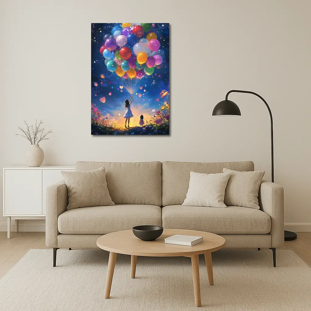 Girl With Colorful Balloons Starry Night Fantasy – Wall Art