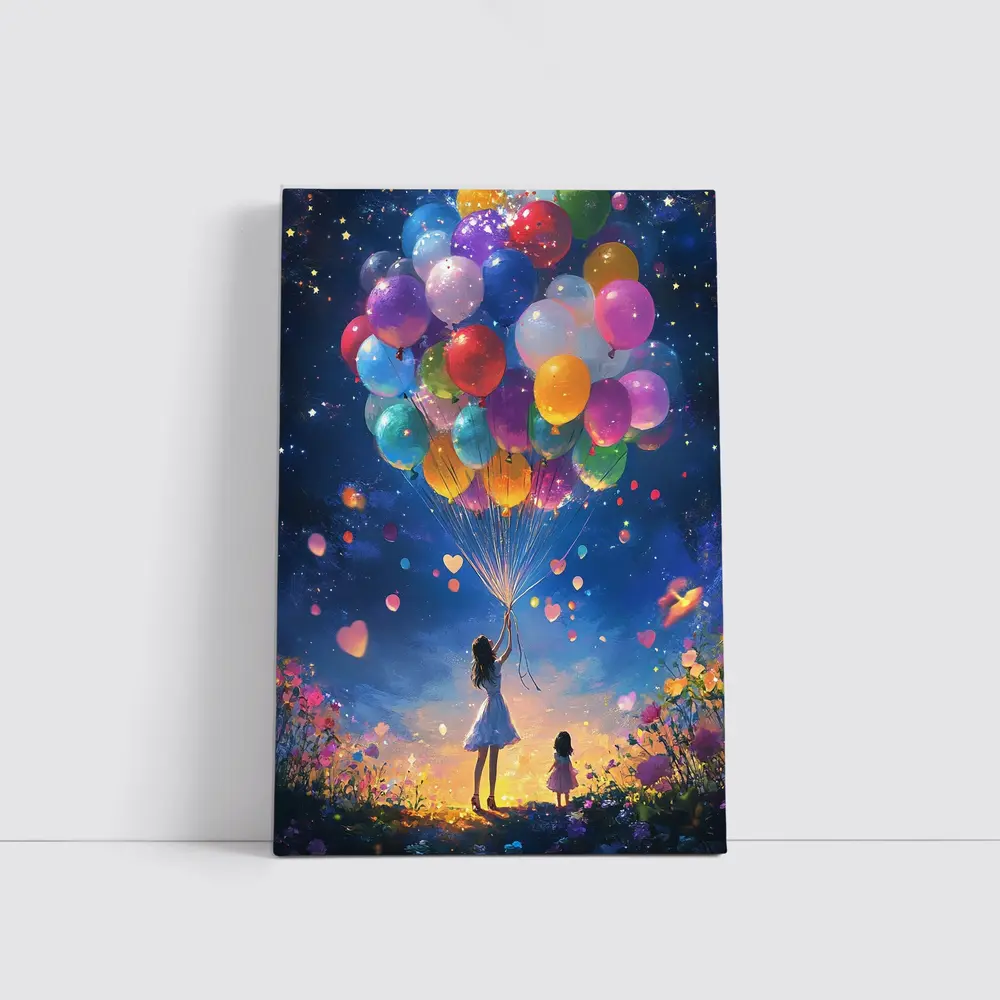 Girl With Colorful Balloons Starry Night Fantasy – Wall Art