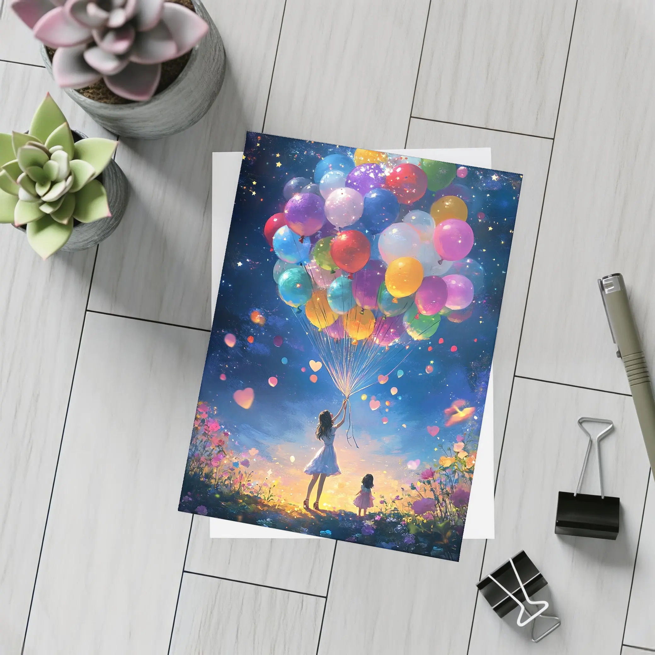 Girl With Colorful Balloons Starry Night Fantasy – Postcards