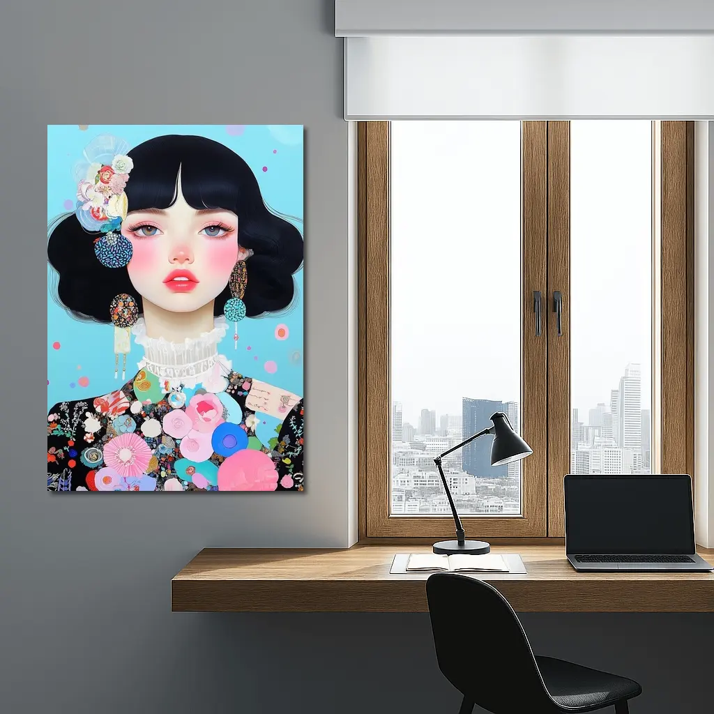 Anime Girl Floral Fashion Blue Background – Wall Art