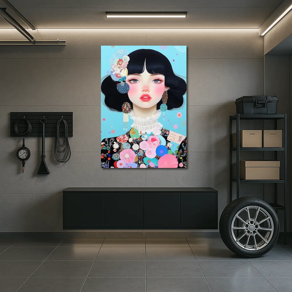 Anime Girl Floral Fashion Blue Background – Wall Art