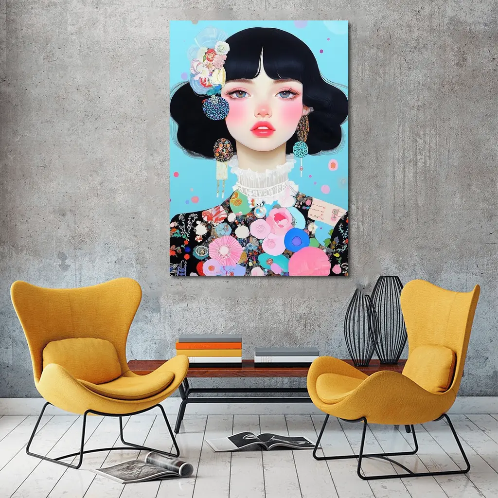 Anime Girl Floral Fashion Blue Background – Wall Art