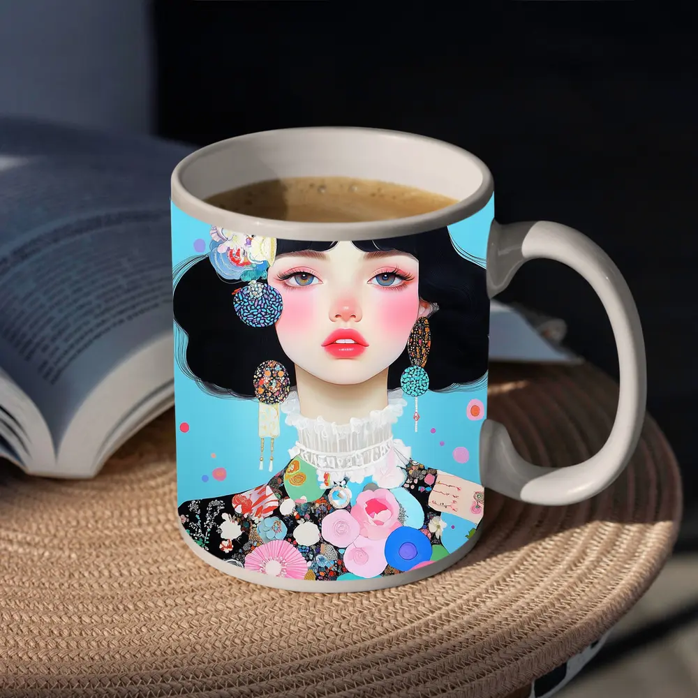 Anime Girl Floral Fashion Blue Background – Mugs
