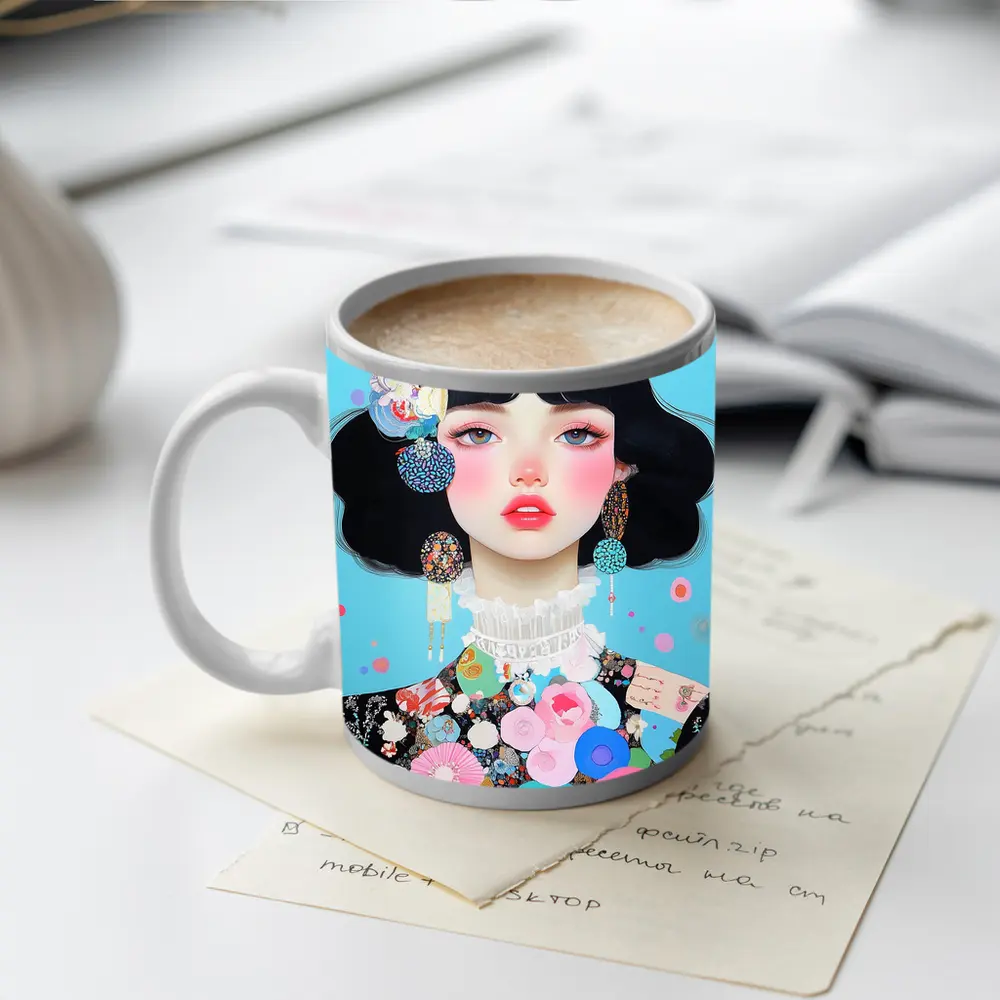 Anime Girl Floral Fashion Blue Background – Mugs