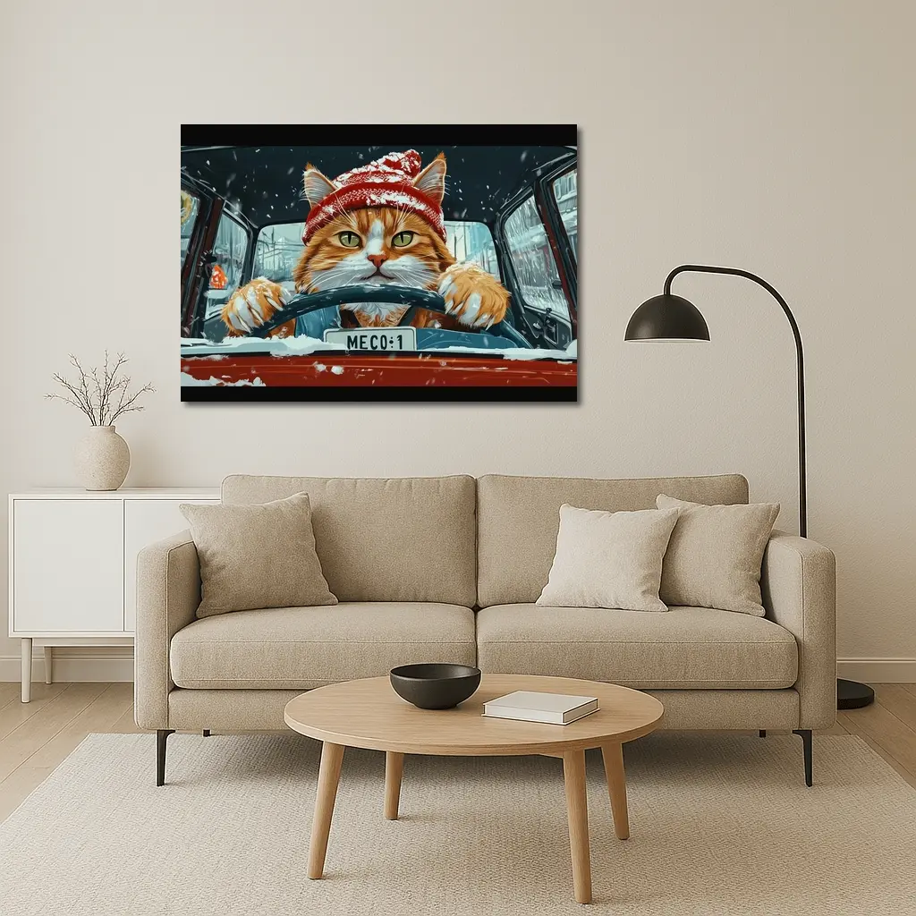 Orange Cat Driving Red Car Snowy Street – Wall Art