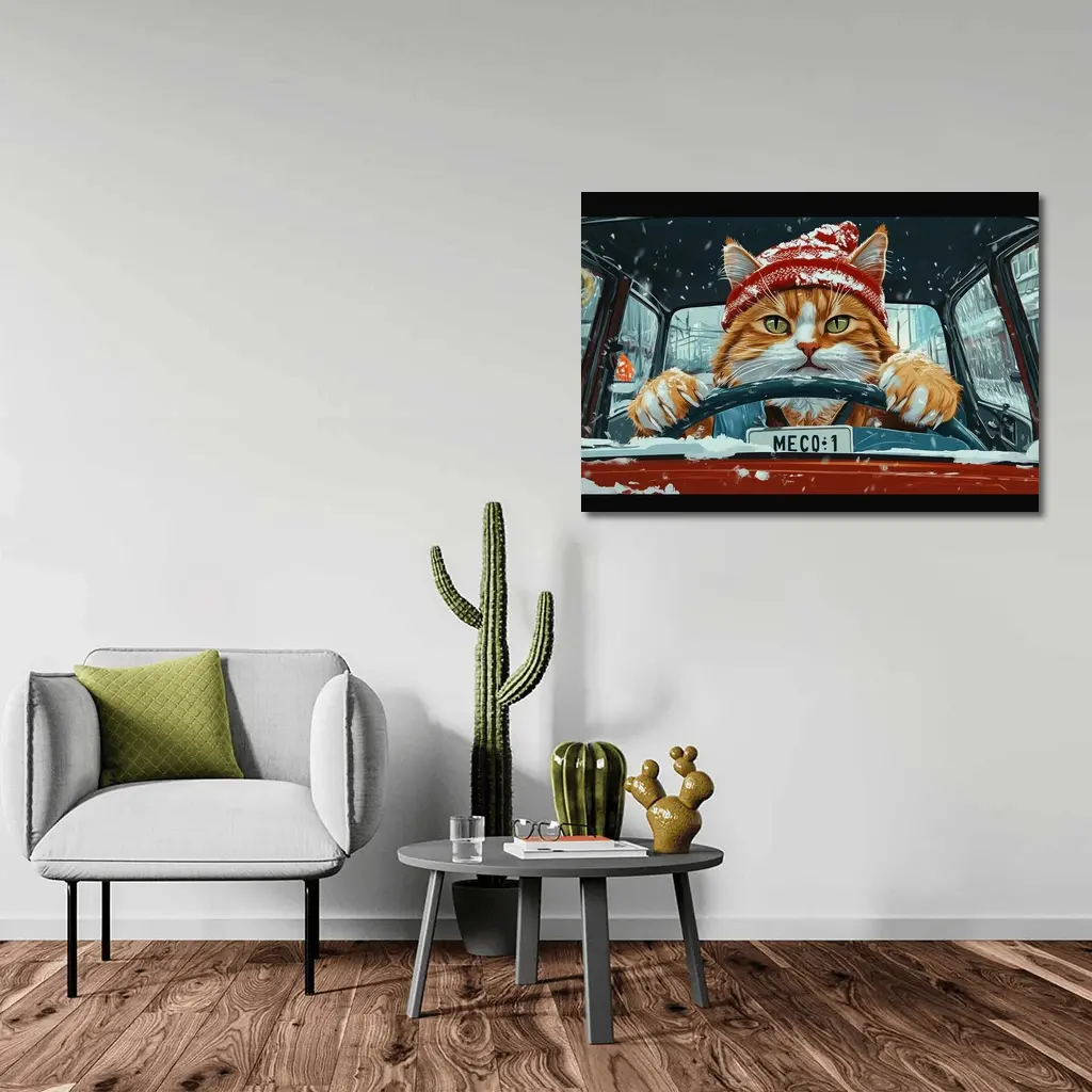 Orange Cat Driving Red Car Snowy Street – Wall Art
