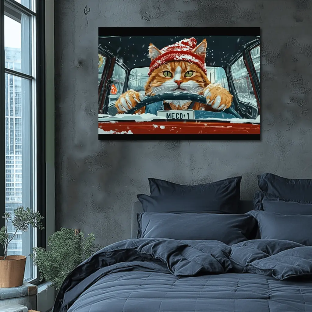 Orange Cat Driving Red Car Snowy Street – Wall Art