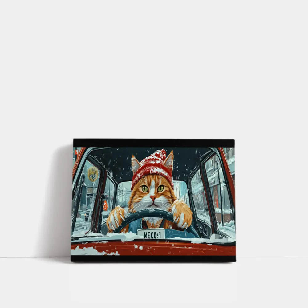 Orange Cat Driving Red Car Snowy Street – Wall Art