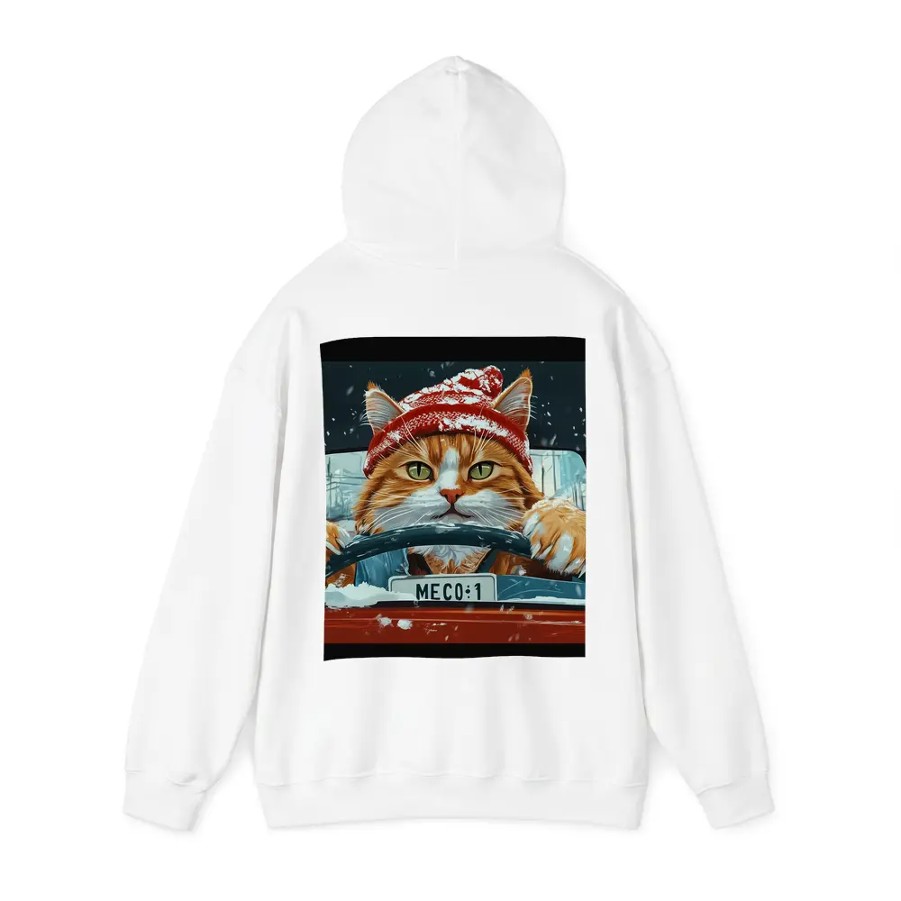 Orange Cat Driving Red Car Snowy Street – Hoodies