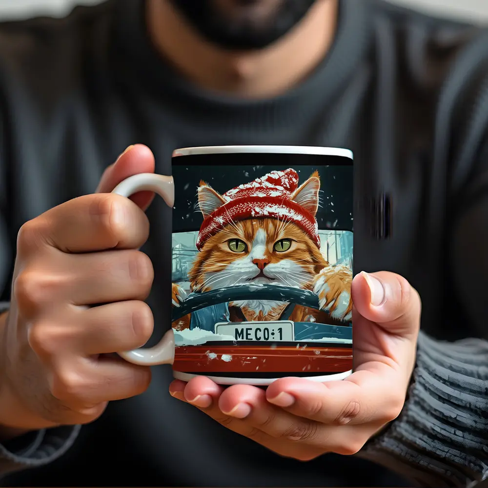 Orange Cat Driving Red Car Snowy Street – Mugs