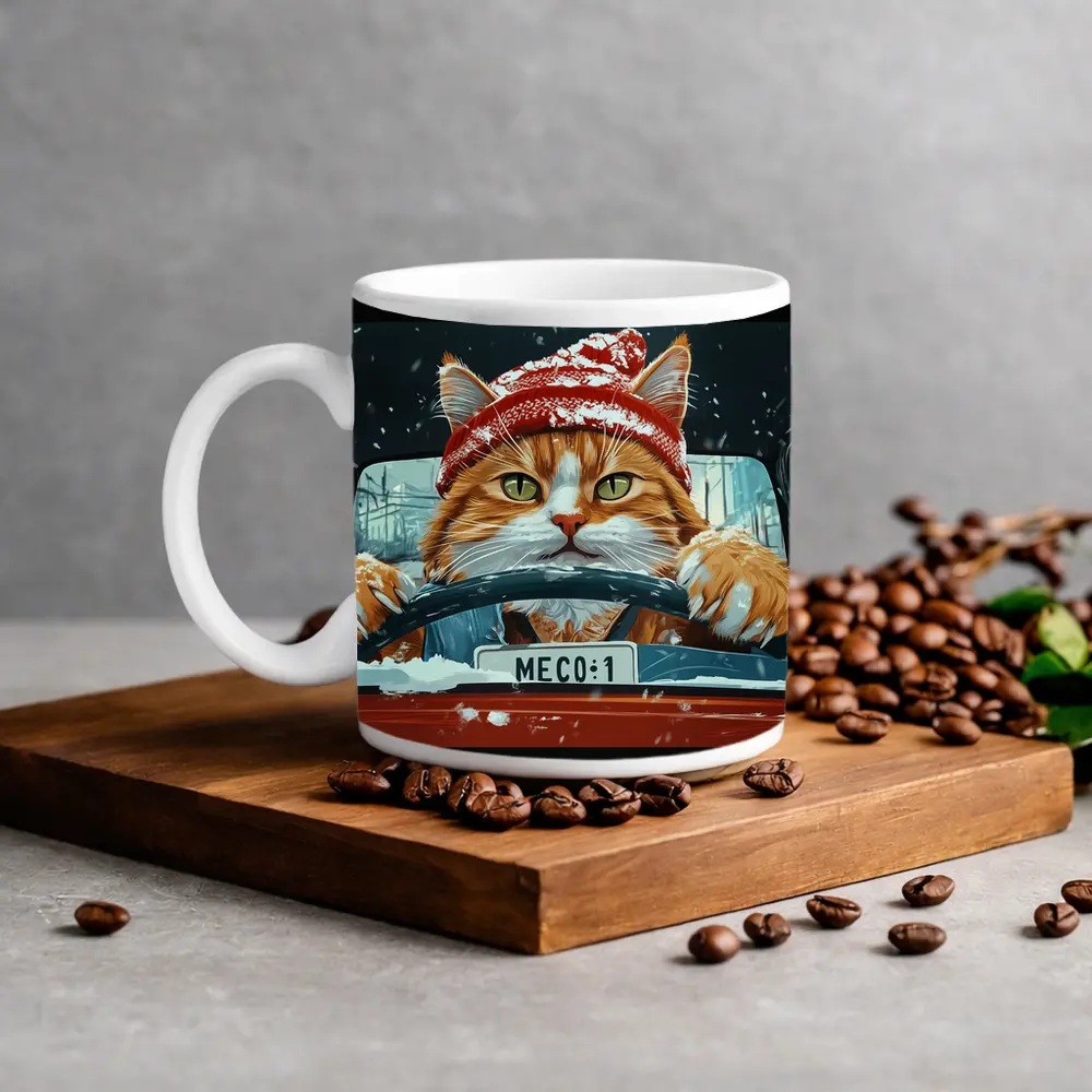 Orange Cat Driving Red Car Snowy Street – Mugs