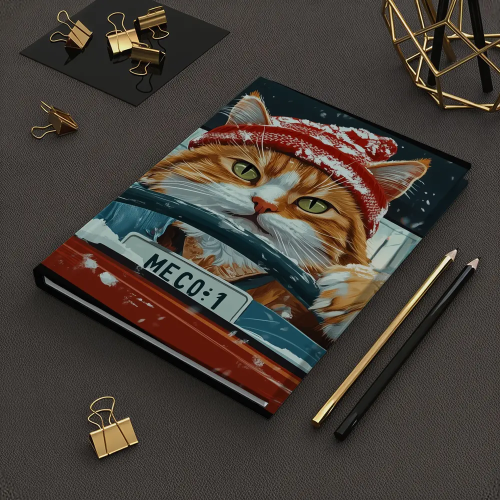 Orange Cat Driving Red Car Snowy Street – Notebooks