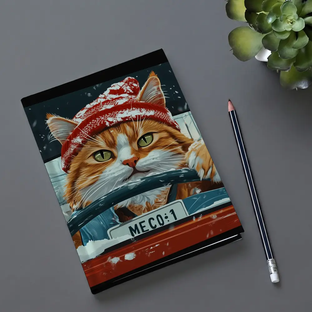 Orange Cat Driving Red Car Snowy Street – Notebooks