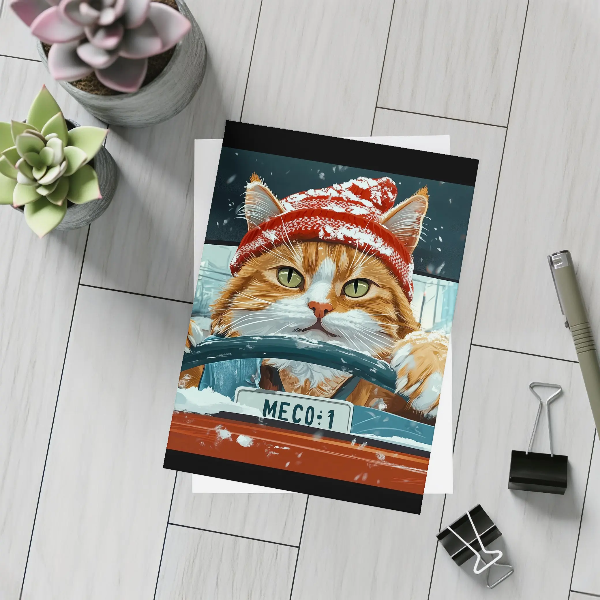 Orange Cat Driving Red Car Snowy Street – Postcards